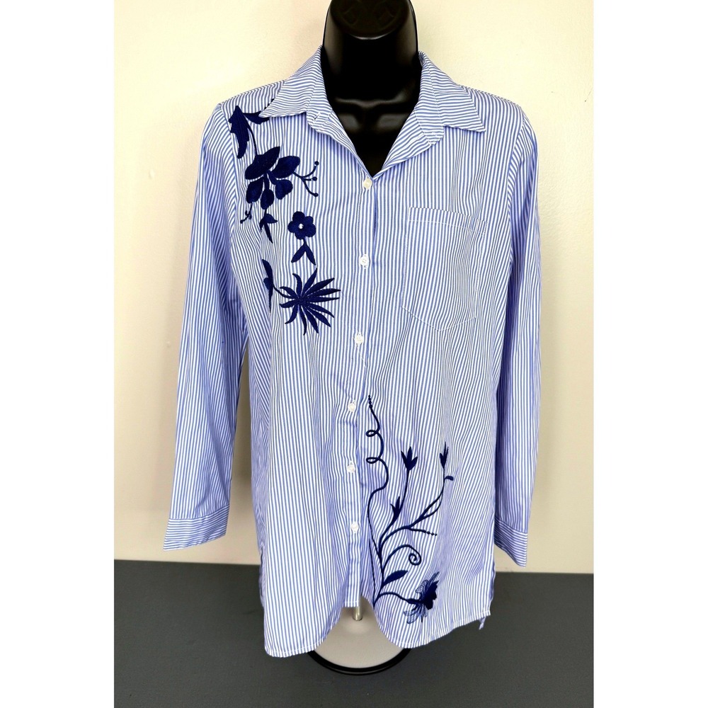 Motherhood Maternity Women's Floral Embroidered Button Front Top Blue Stripe S